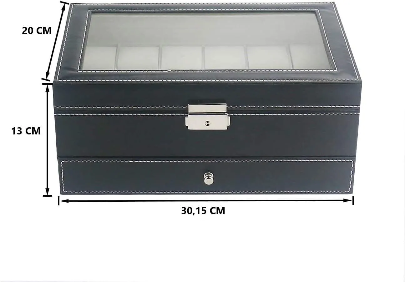 12 Slot PU Leather Lockable Watch and Jewelry Storage Boxes (Black)