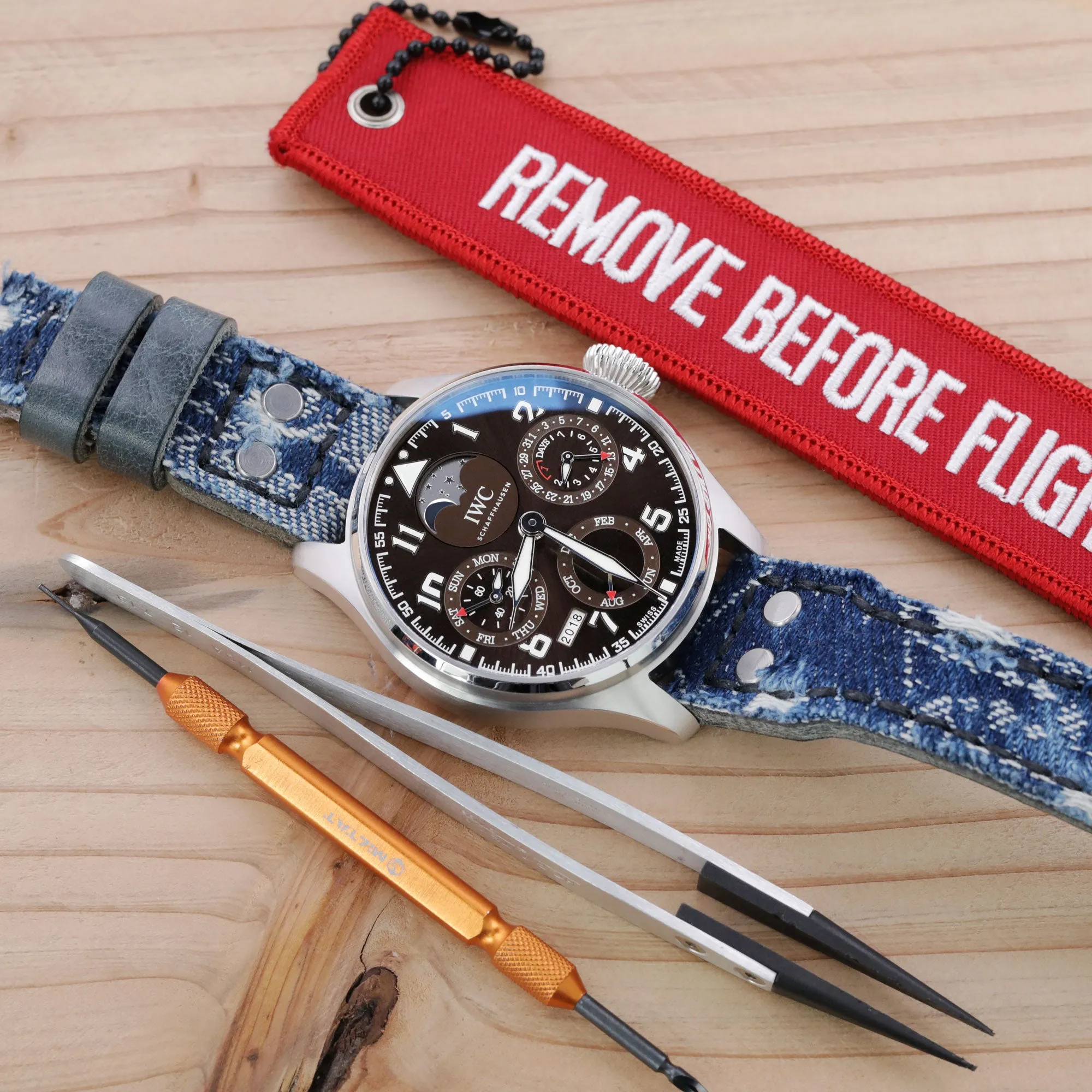 22mm MiLTAT Blue Distressed Denim Replacement Strap compatible with IWC Big Pilot, Rivet Lug