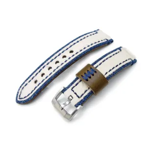 22mm MiLTAT Zizz Collection Beige Fur & Denim Watch Strap Blue Wax Hand Stitching