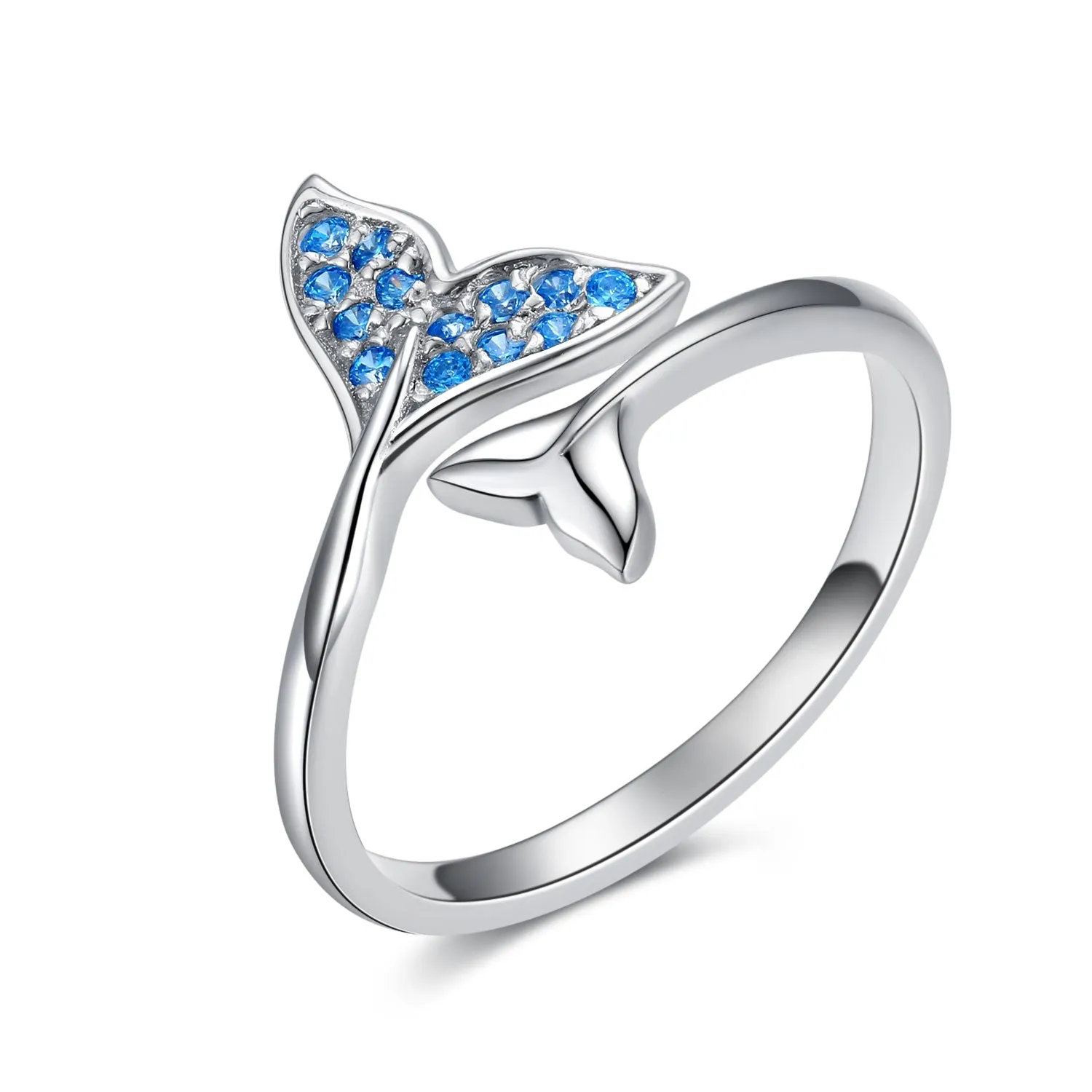 925 Sterling Silver Mermaid Tail With Blue Zircon Adjustable Open Rings