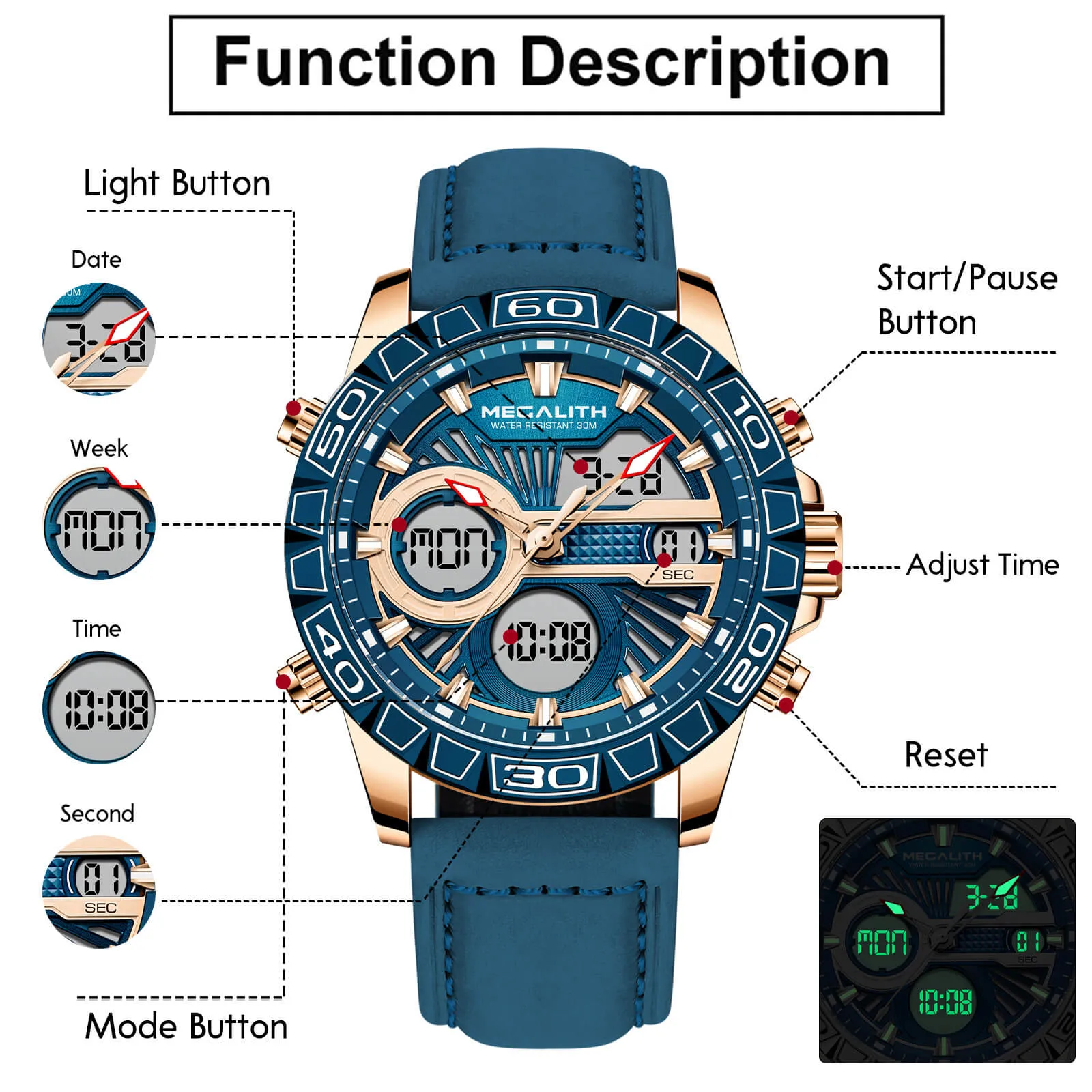 Analog Digital Watch | Leather Band | 8277M