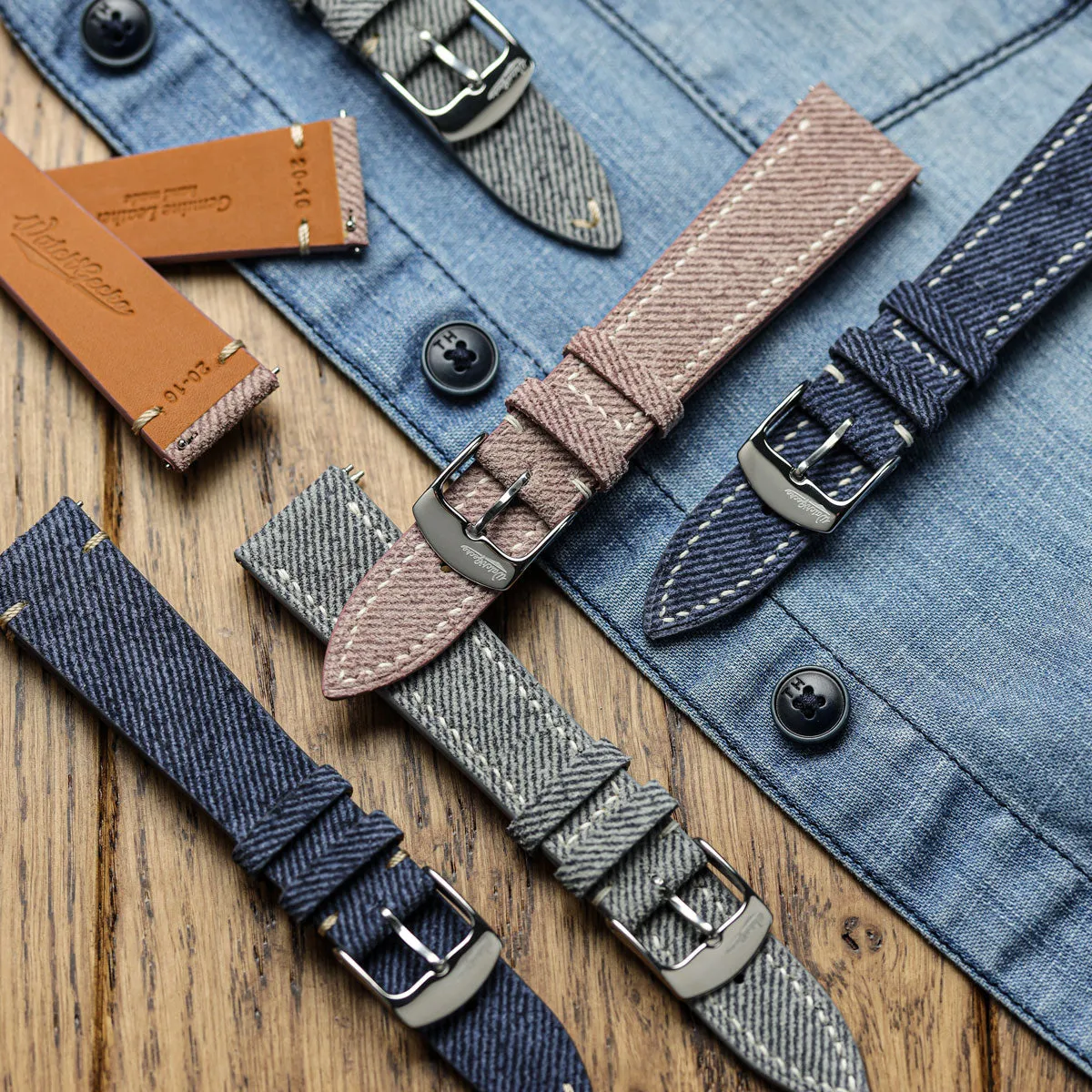 Arbour V-Stitch Denim Design Genuine Leather Watch Strap - Navy Blue