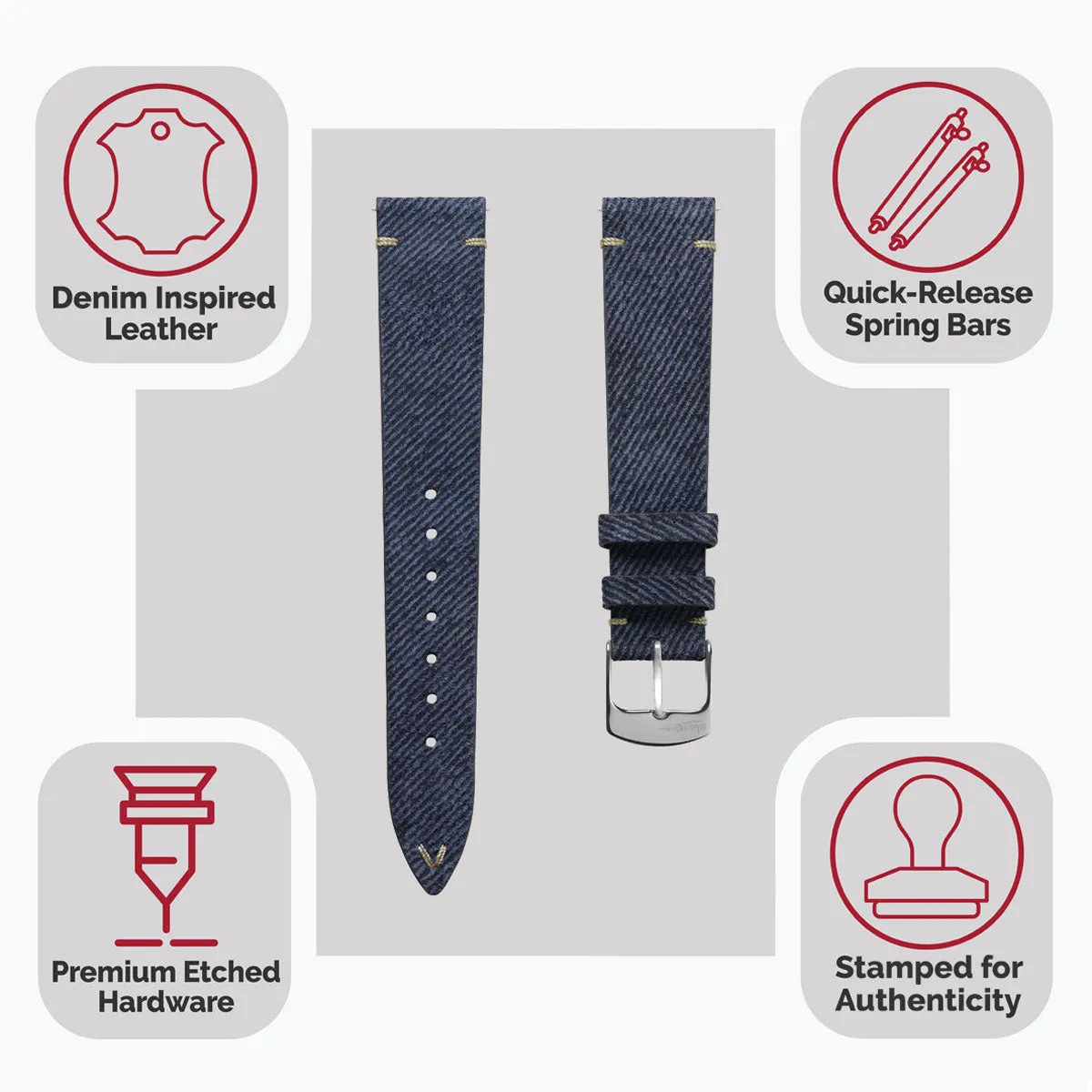 Arbour V-Stitch Denim Design Genuine Leather Watch Strap - Navy Blue