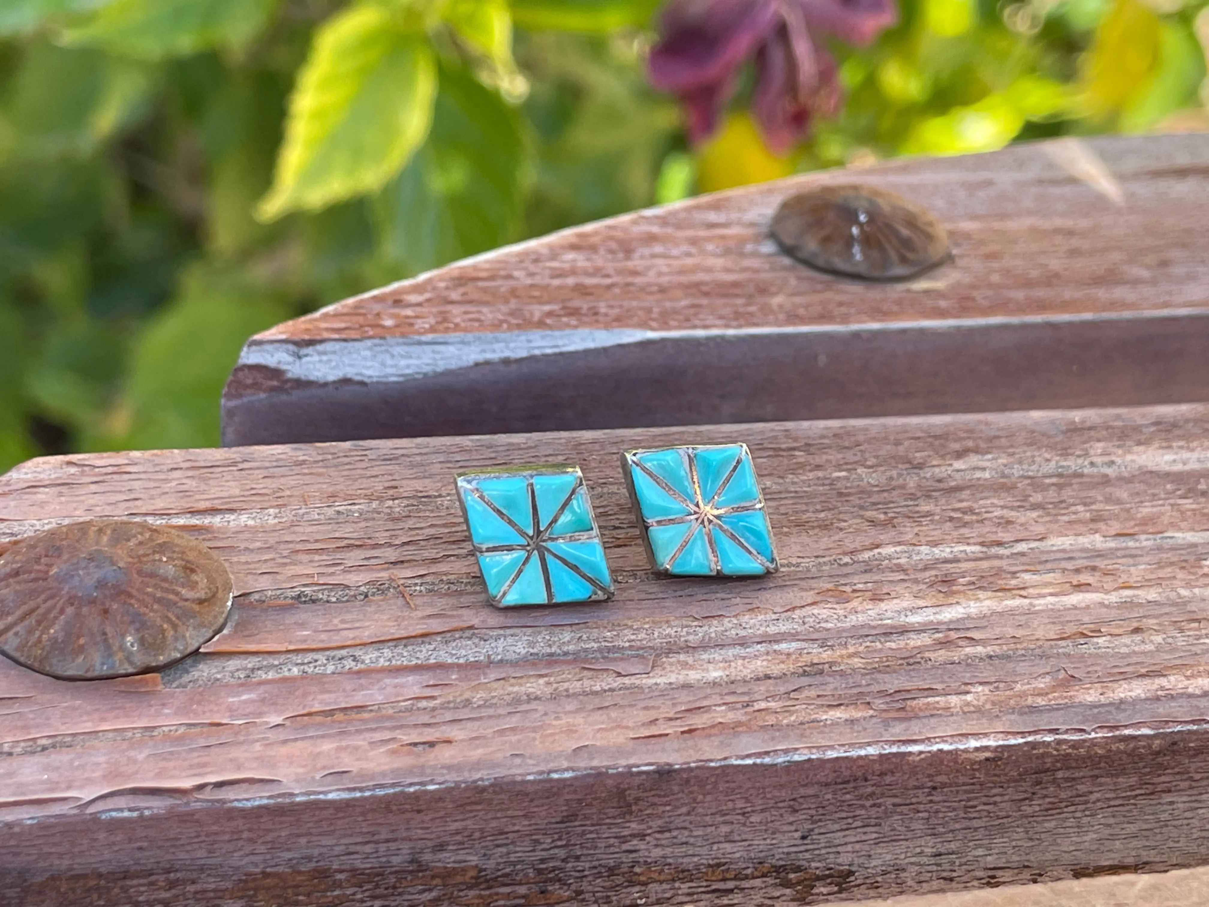 Art Deco Antique Turquoise Sterling Silver Diamond Shape Pierced Post Earrings