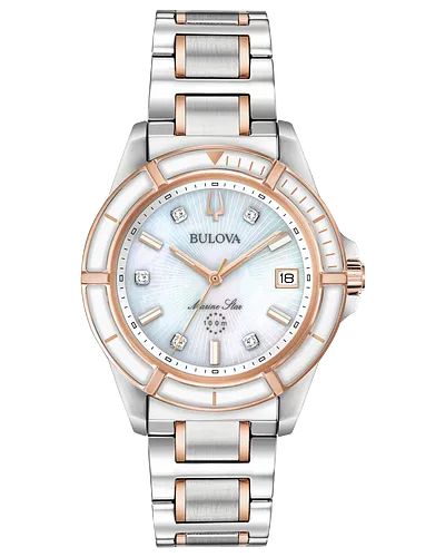 Bulova Marine Star White Mother-of-Pearl Dial Diamond Watch 98P187