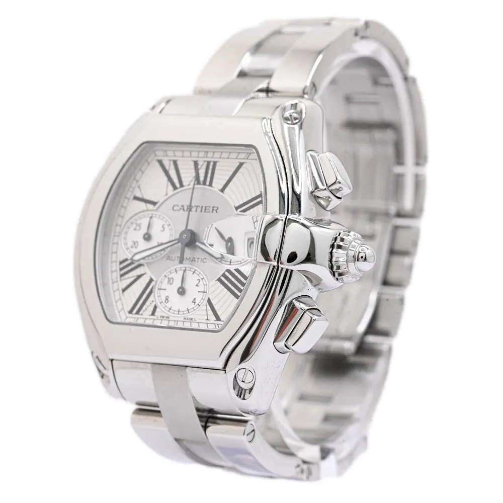 Cartier Men's Roadster XL Chronograph Stainless Steel 49mmx43mm Silver Roman Dial Watch Reference #: W62019X6