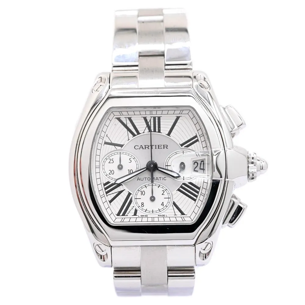 Cartier Men's Roadster XL Chronograph Stainless Steel 49mmx43mm Silver Roman Dial Watch Reference #: W62019X6