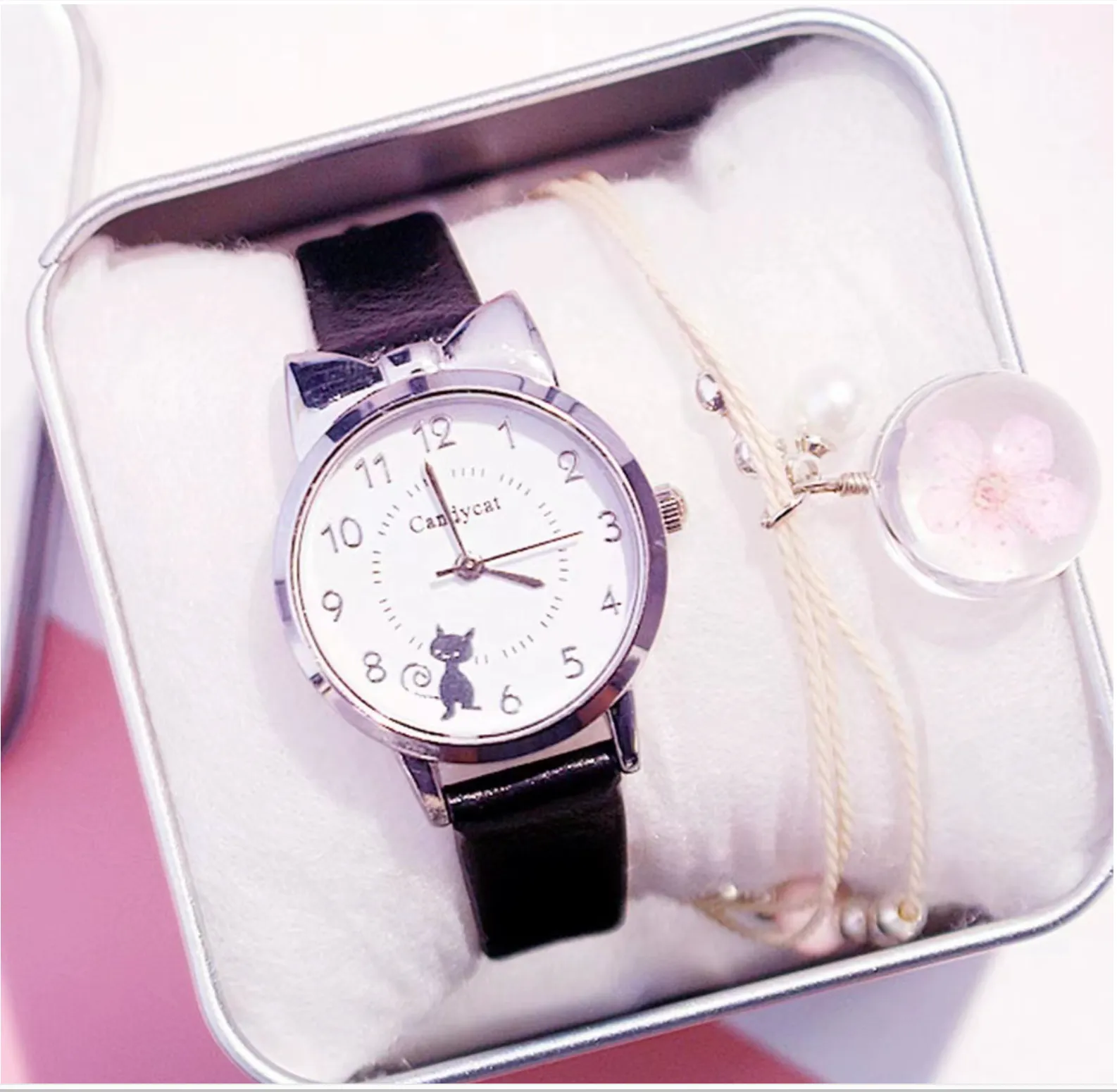 Cat Flower Globe Wrist Watch with Bracelet