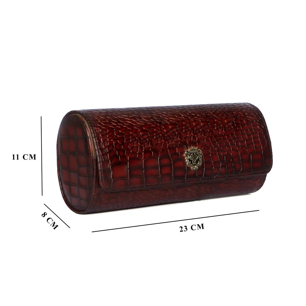 Cognac Smoky Finish Deep Cut Croco Print Leather Wrist Watch Roll