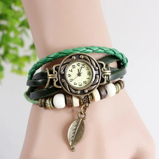 Fashion Casual Retro Reloj Pulsera Women Girl Hand knit Automatic Watch Leather Strap Leaves Bracelet Wrist Watches