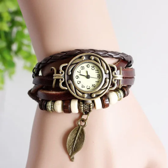 Fashion Casual Retro Reloj Pulsera Women Girl Hand knit Automatic Watch Leather Strap Leaves Bracelet Wrist Watches