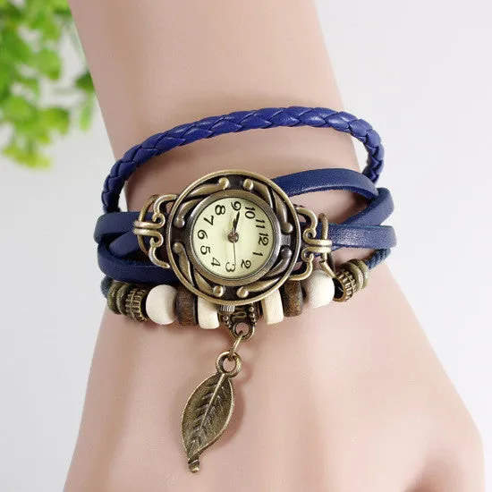 Fashion Casual Retro Reloj Pulsera Women Girl Hand knit Automatic Watch Leather Strap Leaves Bracelet Wrist Watches