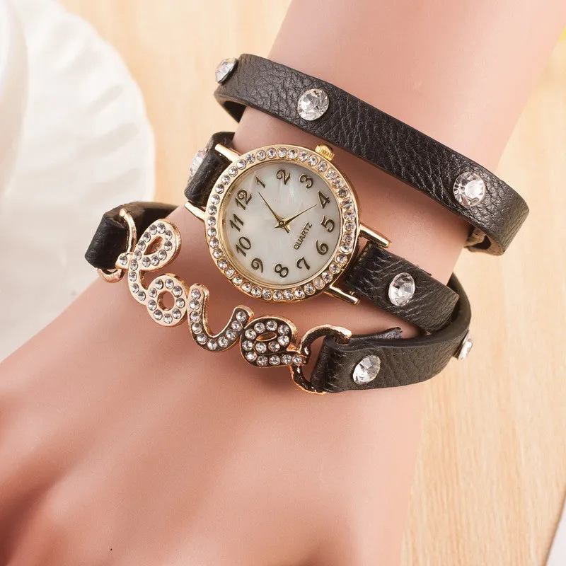 Fashion LOVE Bracelet Watches Women Charms Diamond Watch Leather Quartz Watch Relogio Feminino Montre Femme