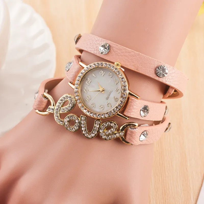 Fashion LOVE Bracelet Watches Women Charms Diamond Watch Leather Quartz Watch Relogio Feminino Montre Femme