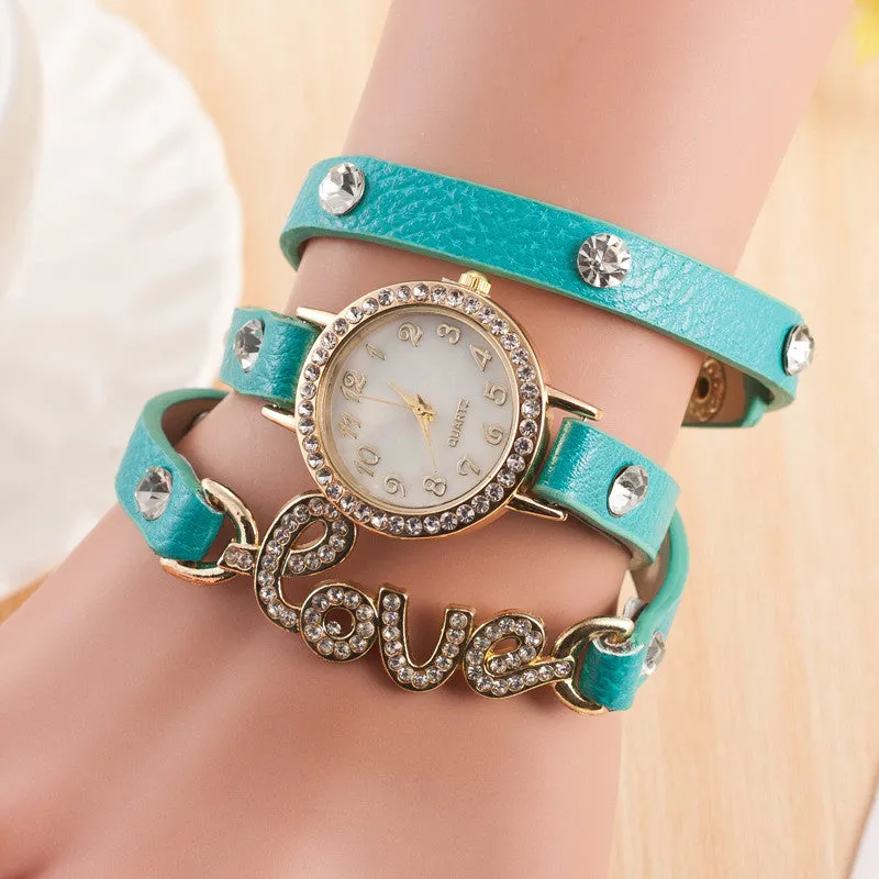 Fashion LOVE Bracelet Watches Women Charms Diamond Watch Leather Quartz Watch Relogio Feminino Montre Femme