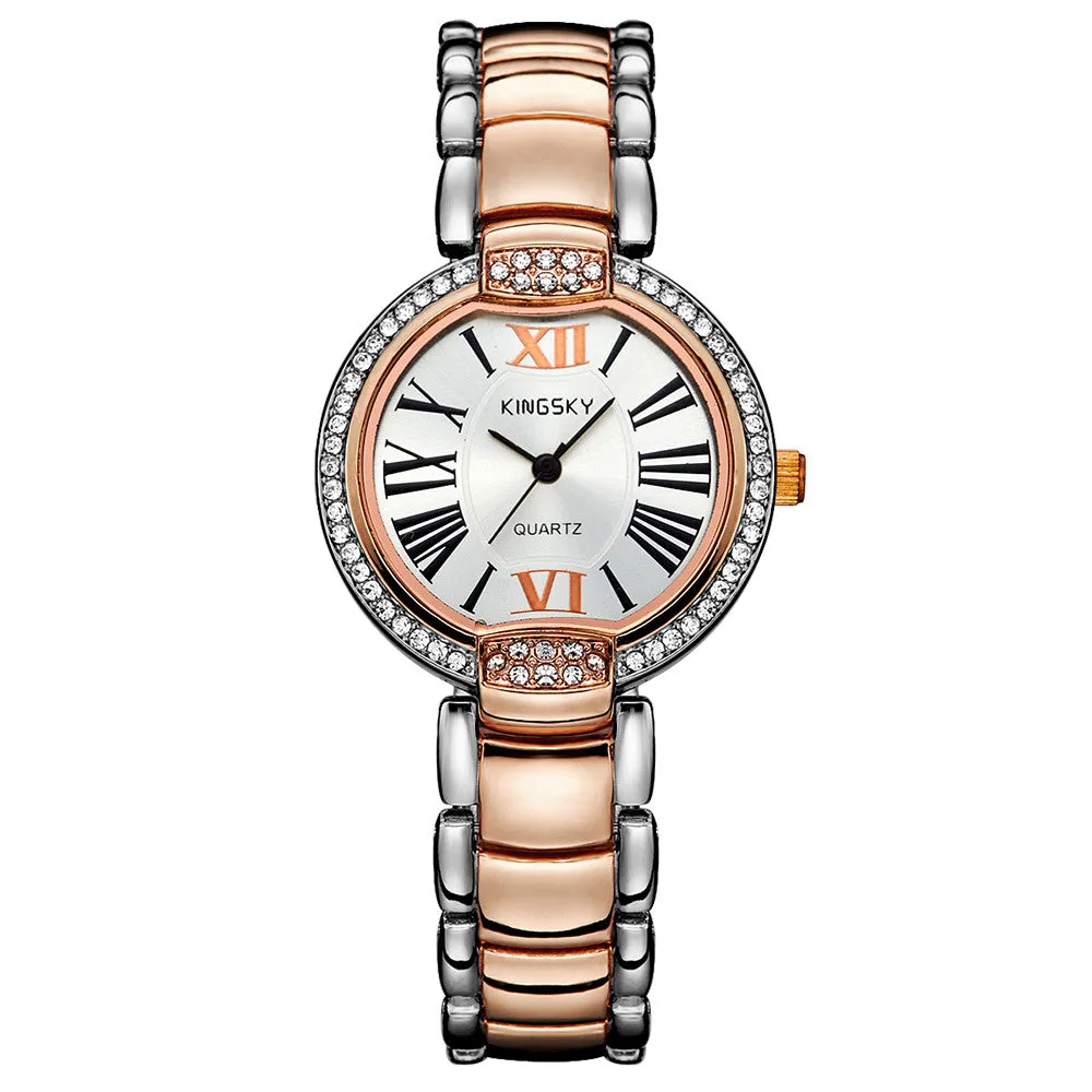 Fashion Style Women Dress Watches Luxury Brand Roman Number Rose Gold Stainless Steel Band Women Rhinestone Wristwatches Relogio