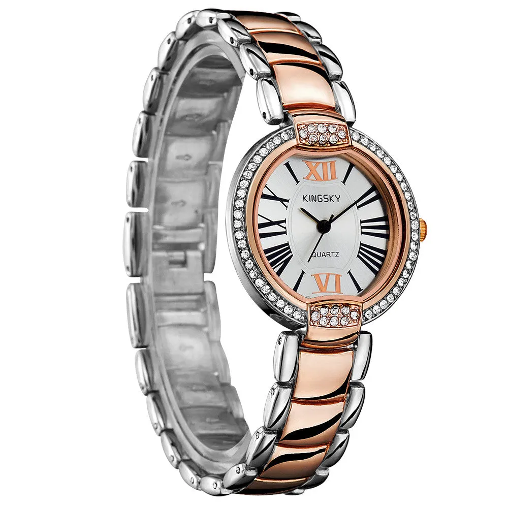 Fashion Style Women Dress Watches Luxury Brand Roman Number Rose Gold Stainless Steel Band Women Rhinestone Wristwatches Relogio