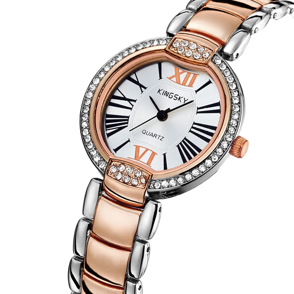 Fashion Style Women Dress Watches Luxury Brand Roman Number Rose Gold Stainless Steel Band Women Rhinestone Wristwatches Relogio