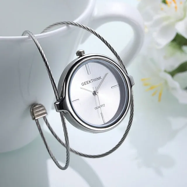 GEEKTHINK Unique Fashion Brand Quartz Watch Women Bracelet Ladies Rose Gold Watch female Luxury Double Ring steel band casual