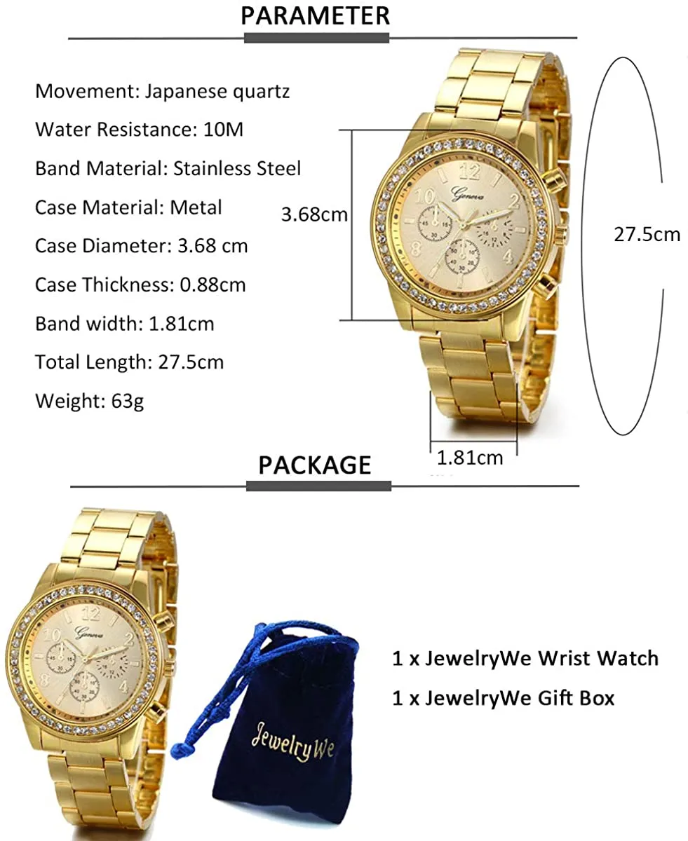 JewelryWe Luxury Mens Dress Watch, Stainless Steel Bling Rhinestones Accented Quartz Wrist Watches - Gold, for Valentine’s Day