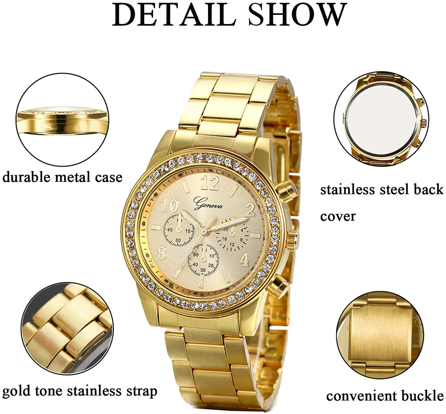 JewelryWe Luxury Mens Dress Watch, Stainless Steel Bling Rhinestones Accented Quartz Wrist Watches - Gold, for Valentine’s Day