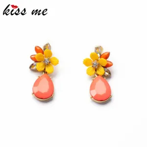 KISS ME Jewelry 2017 Graceful Pink Water Drop Yellow Resin Flower Earrings for Women Fashion Drop Earrings Accessories