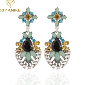 New Brand Charming Retro Alloy Crystal Earrings for Women Vintage Gem Flower Dangle Statement Earrings Brincos Pendientes E352