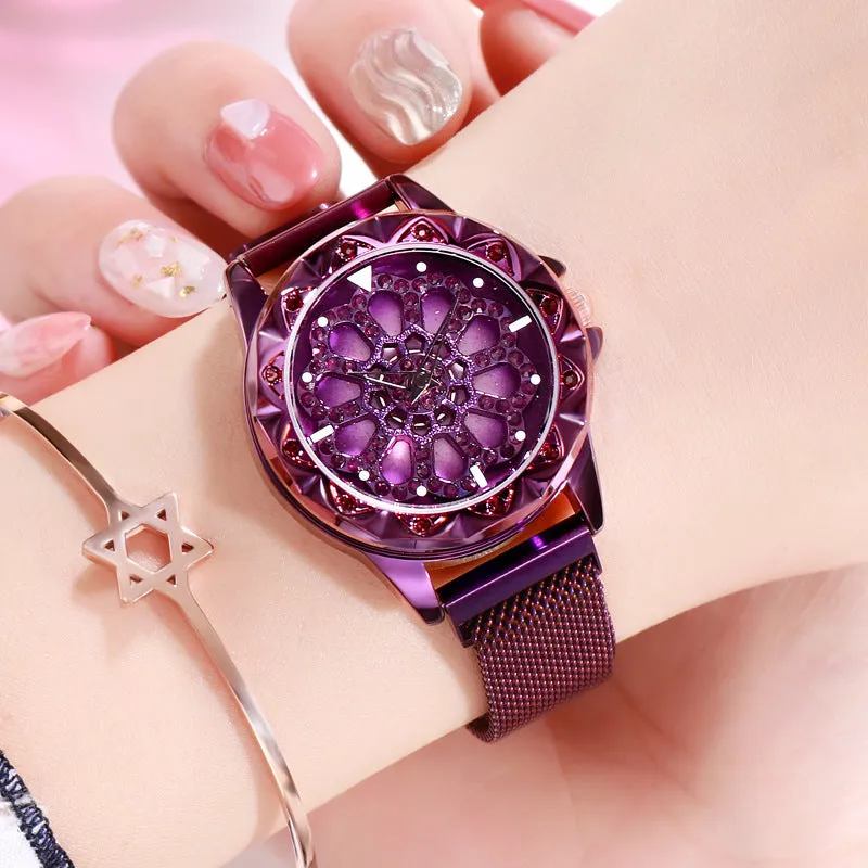 New high-end fashion stainless steel mesh strap watch rotatable dial waterproof women's bracelet watch