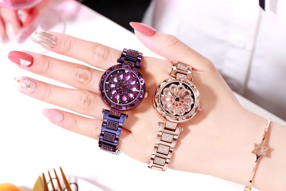 New high-end fashion stainless steel mesh strap watch rotatable dial waterproof women's bracelet watch