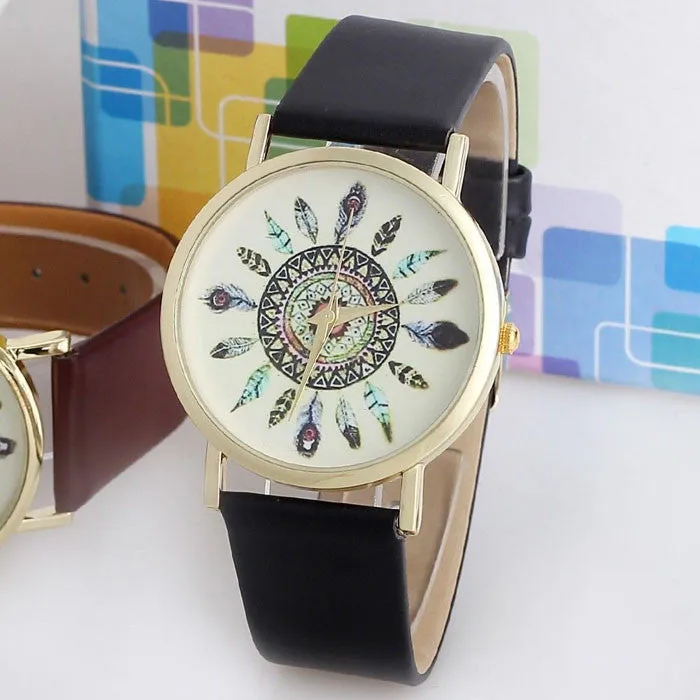 Original Women Genuine Leather Vintage Women Watches,Bracelet Wristwatches, Feather Dial watches