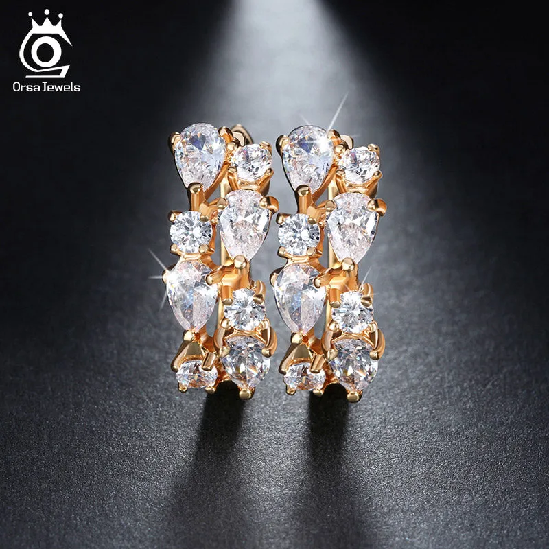 ORSA JEWELS Luxury 4 Pieces 0.3ct Charming Clear Cubic Zirconia Stud Earrings Gold-Color for Party Fashion Women Jewelry OME18