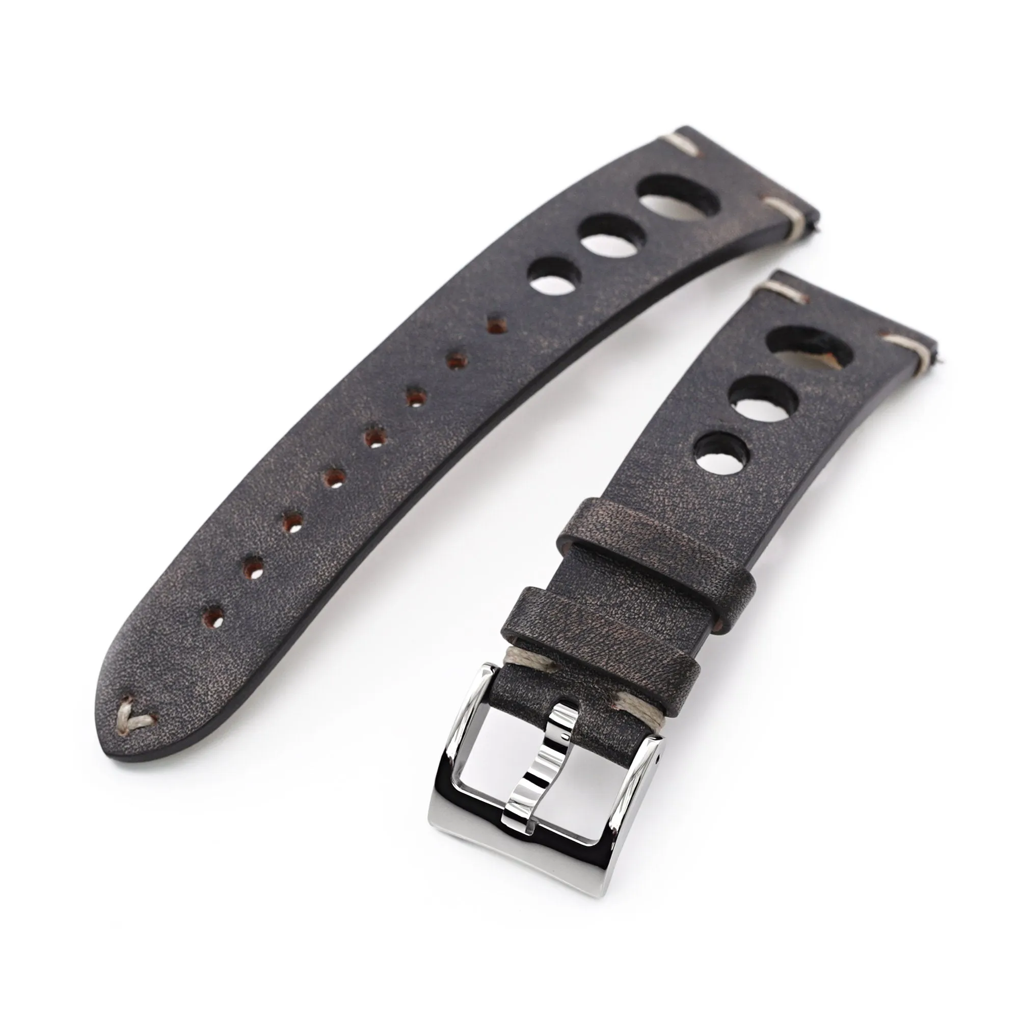 Q.R. Blackish Brown Leather Italian Handmade Racer strap, Beige St.