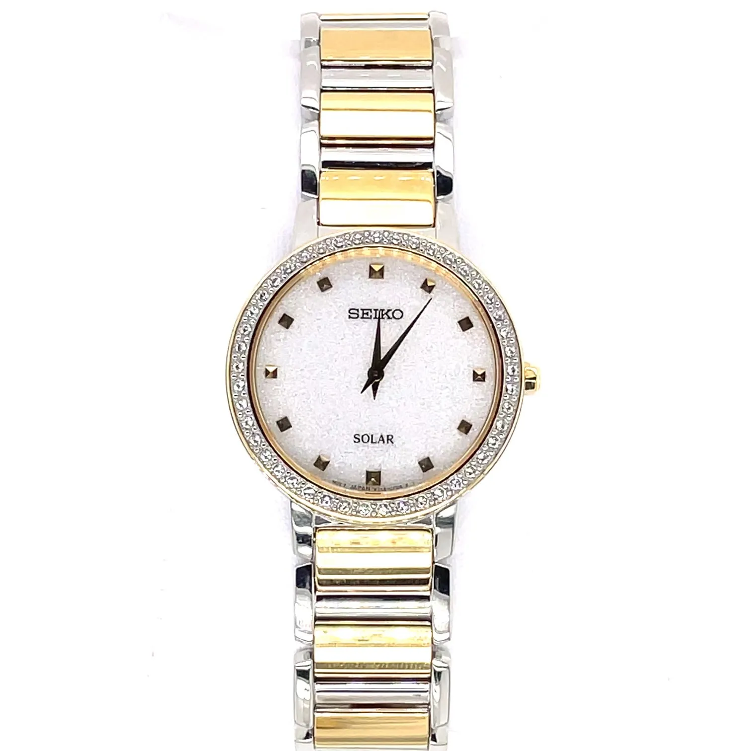 Stainless Steel Two-Tone Solar Watch w/ Swarovski Crystals and White Glitter Face