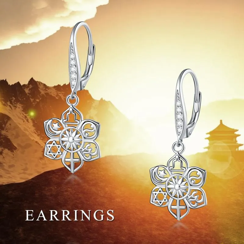 Sterling Silver Buddha Lotus Flower Drop Dangling Earrings Cross Yoga Spiritual Jewelry Gifts