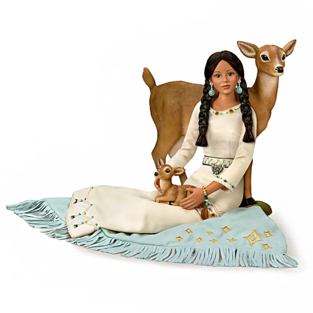 The Ashton-Drake Galleries Dyani Deer Maiden of The Morning Star Native American Poseable Portrait Doll with Deer Figures and Hand Sewn Beaded Illuminated LED Shawl 21"-Inches