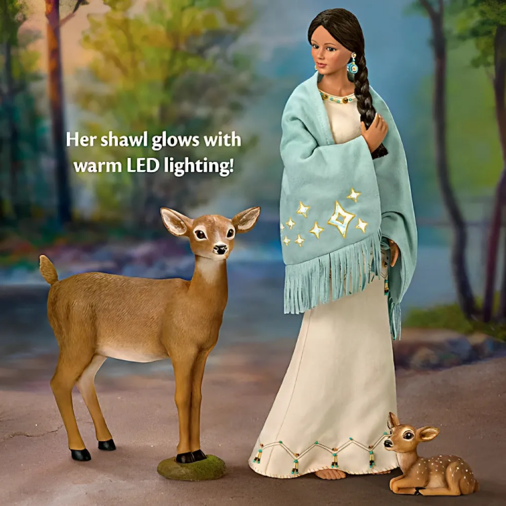 The Ashton-Drake Galleries Dyani Deer Maiden of The Morning Star Native American Poseable Portrait Doll with Deer Figures and Hand Sewn Beaded Illuminated LED Shawl 21"-Inches