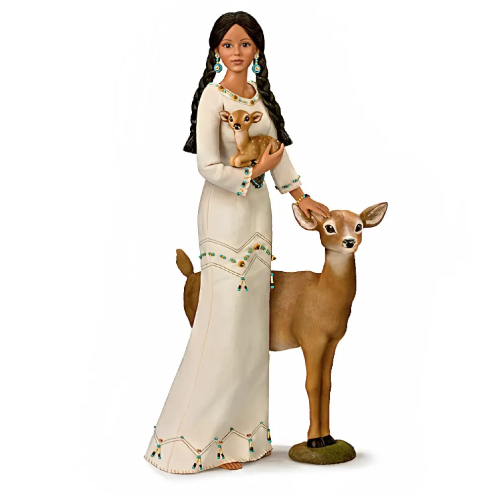 The Ashton-Drake Galleries Dyani Deer Maiden of The Morning Star Native American Poseable Portrait Doll with Deer Figures and Hand Sewn Beaded Illuminated LED Shawl 21"-Inches