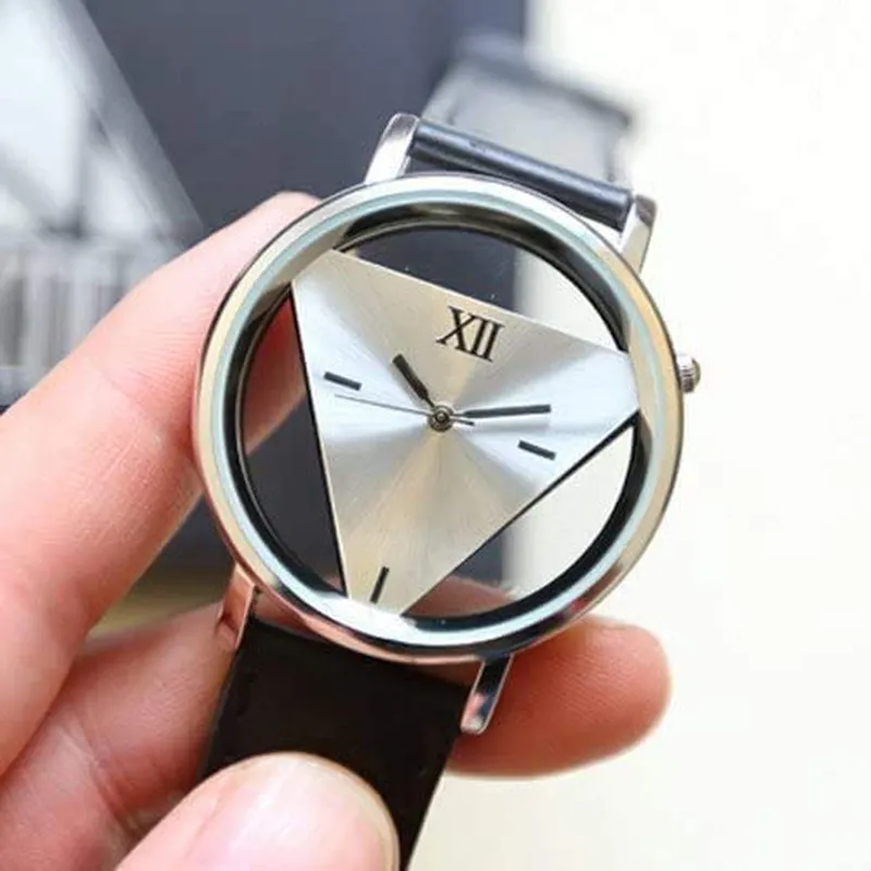 Unisex Charm Glass Hollow Triangle Dial Faux Leather Analog Quartz Wrist Watch