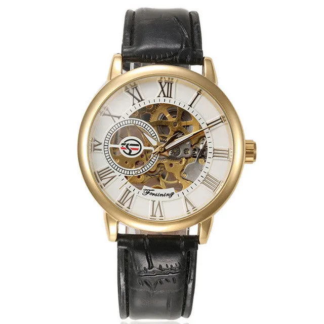 Vintage Design Luxury Mens Steampunk Skeleton Hollow Stainless Steel Automatic Mechanical Leather Wrist Watch Relogio Masculino