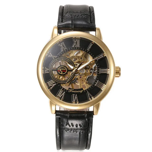 Vintage Design Luxury Mens Steampunk Skeleton Hollow Stainless Steel Automatic Mechanical Leather Wrist Watch Relogio Masculino