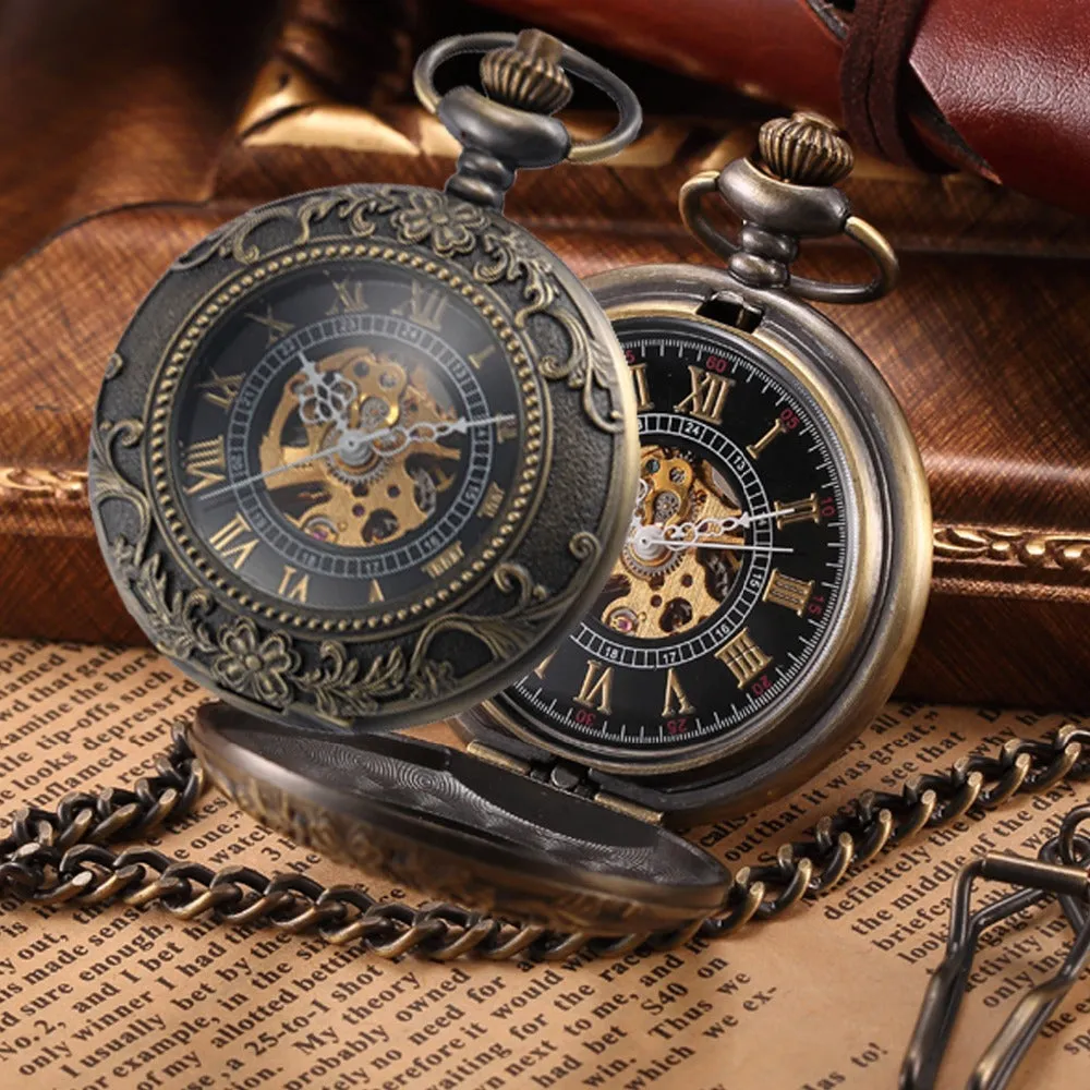 Vintage Mechanical Pocket Fob Necklace Watch Steampunk Men Bronze Skeleton Antique Pocket & Fob Watches Chain Clock Dropshipping