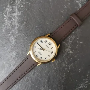 Vintage Women's Gold Plated Timex Quartz Watch // With Genuine Brown Leather Straplay