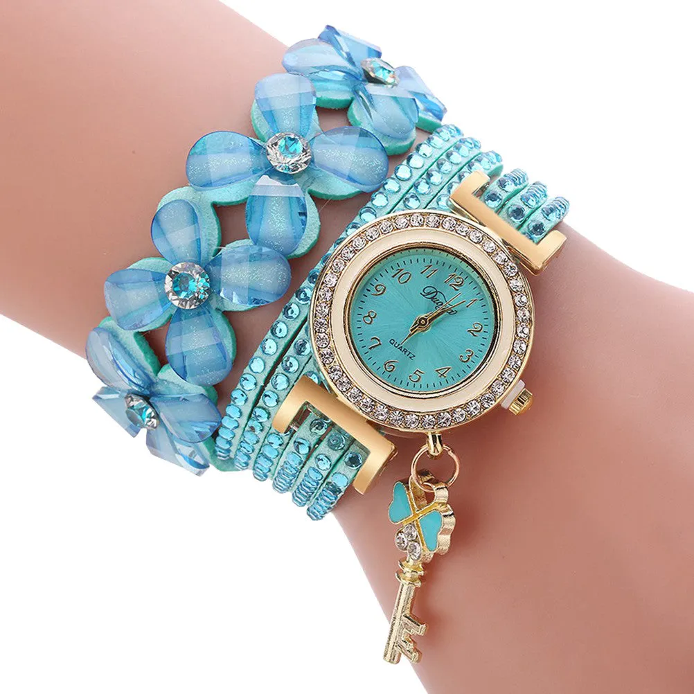 Women Gold Key Pendant Bracelet Watch