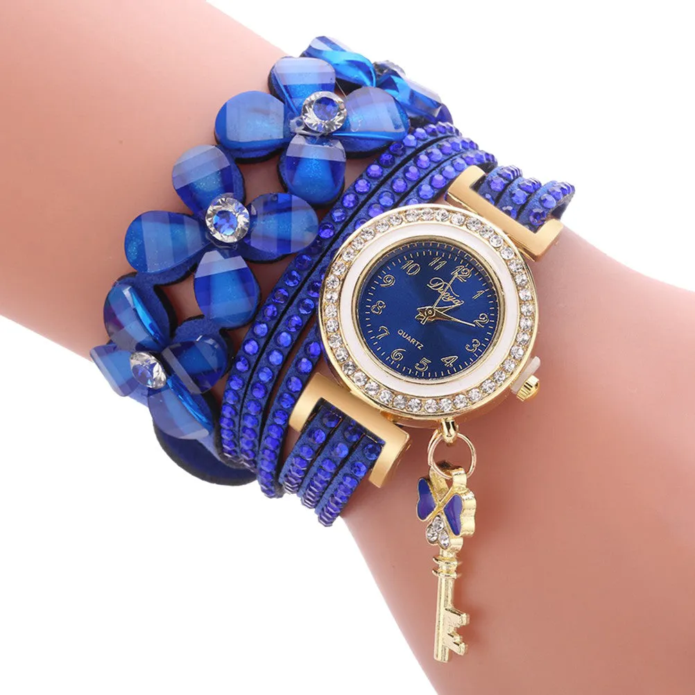 Women Gold Key Pendant Bracelet Watch