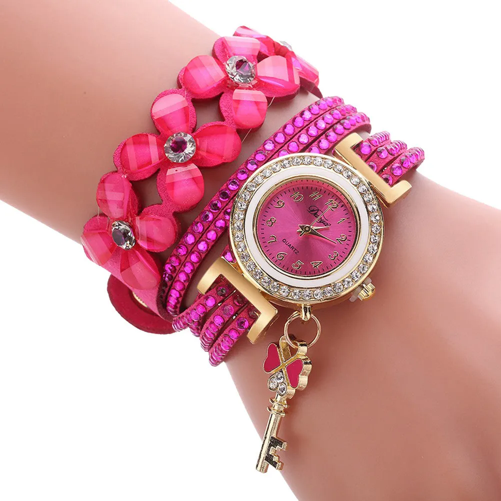 Women Gold Key Pendant Bracelet Watch