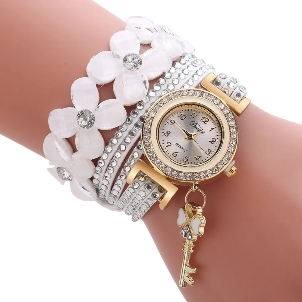 Women Gold Key Pendant Bracelet Watch