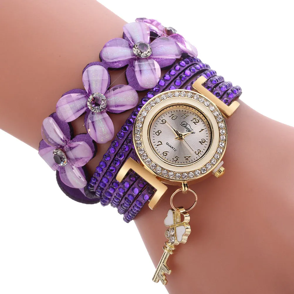 Women Gold Key Pendant Bracelet Watch