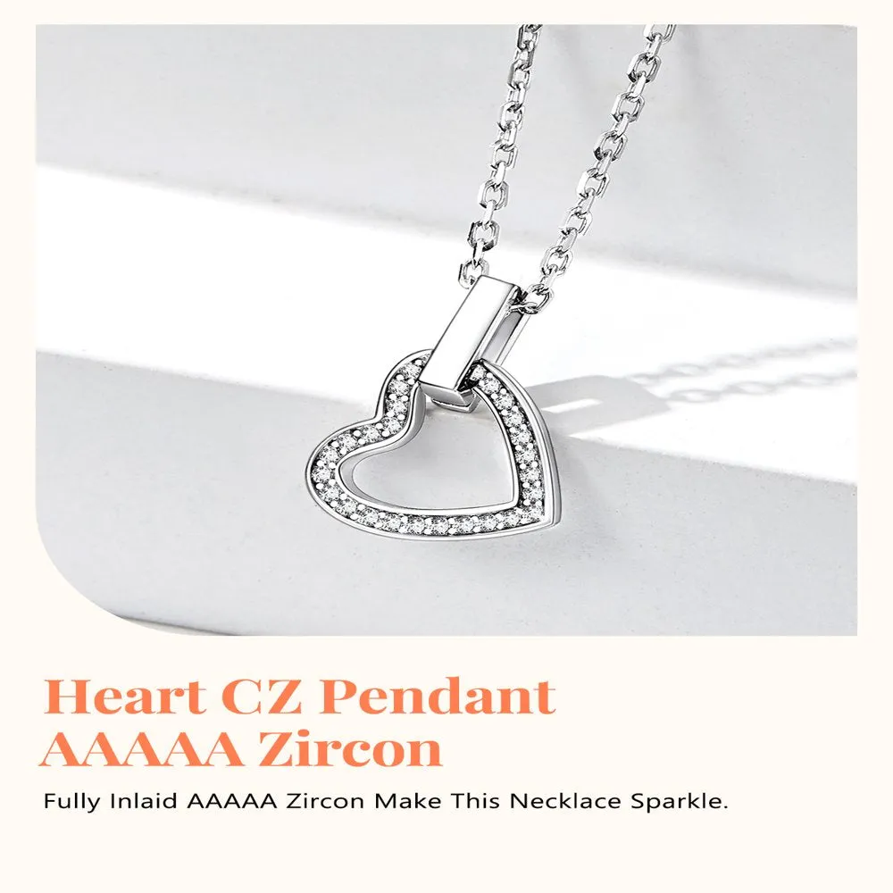 Women Sterling Silver Necklace with Cubic Zirconia, Heart Love Pendant Necklace Layering Necklace Gift for Mom Wife Girlfriend