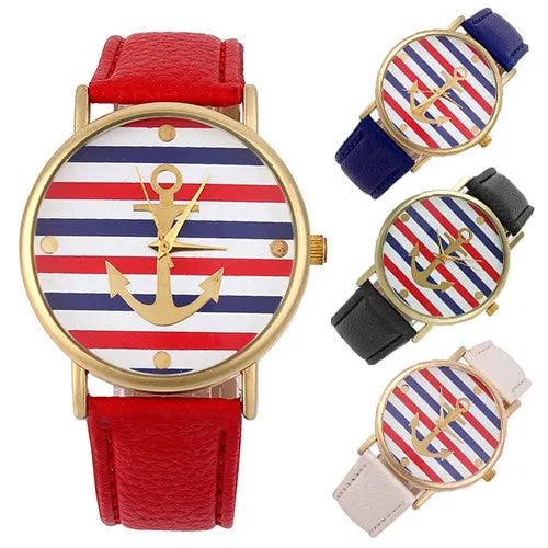 Women's Men's Multi-Color Striped Anchor Faux Leather Analog Quartz Wrist Watch