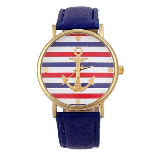 Women's Men's Multi-Color Striped Anchor Faux Leather Analog Quartz Wrist Watch